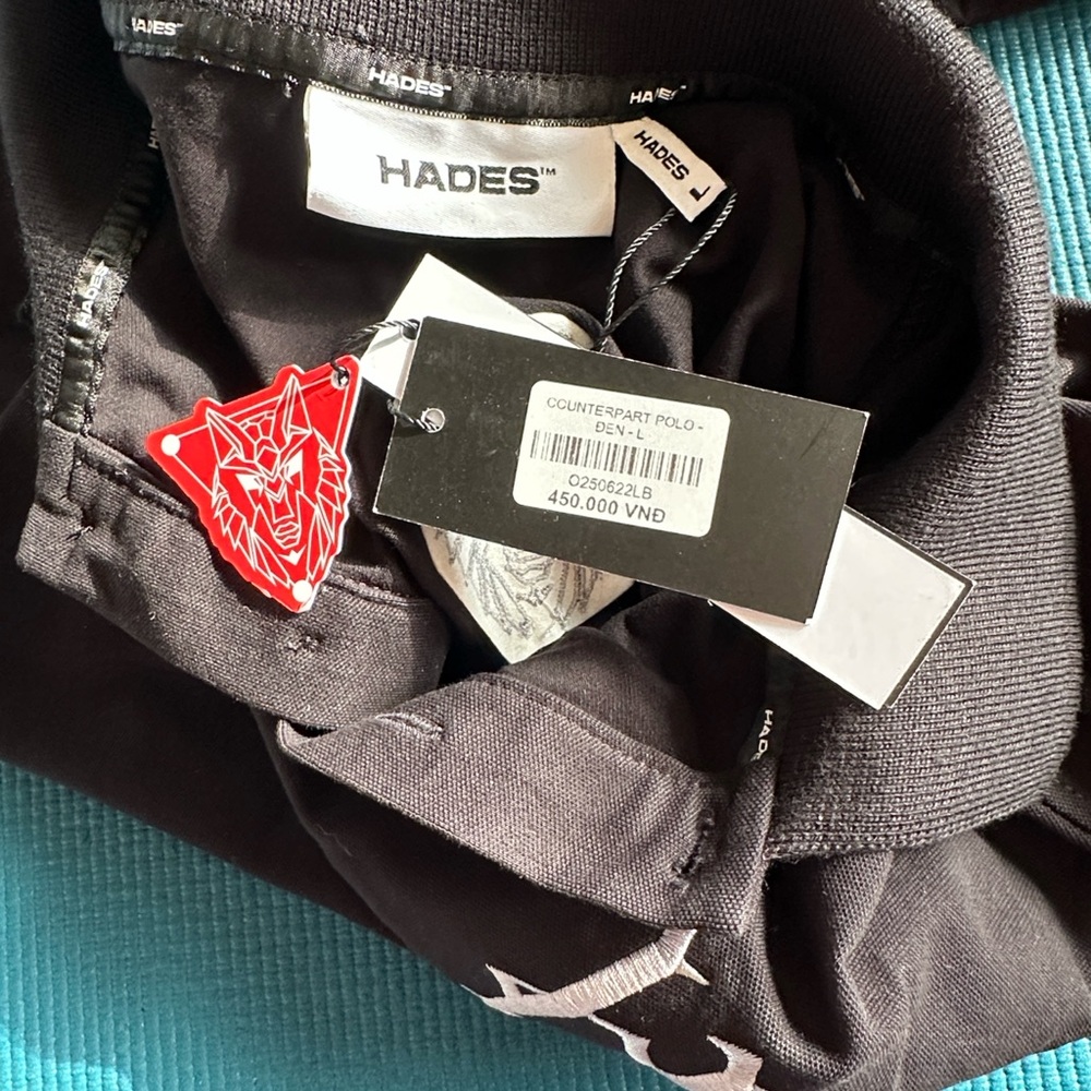 Hades Counterpart Polo Shirt Black Double Collar Silver Embroidered Logo NWT L - Picture 9 of 11